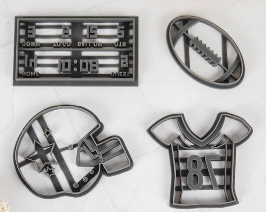 American Football Cookie Cutter Set, 4 Piece, Perfect for Baking and DIY crafts - Helmet, Football, Scoreboard and Jersey!